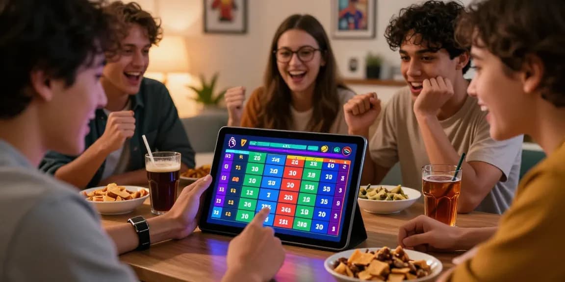 Excited friends enjoying Taruhan Mix Parlay Bola88 while placing bets on a digital tablet in a cozy setting.