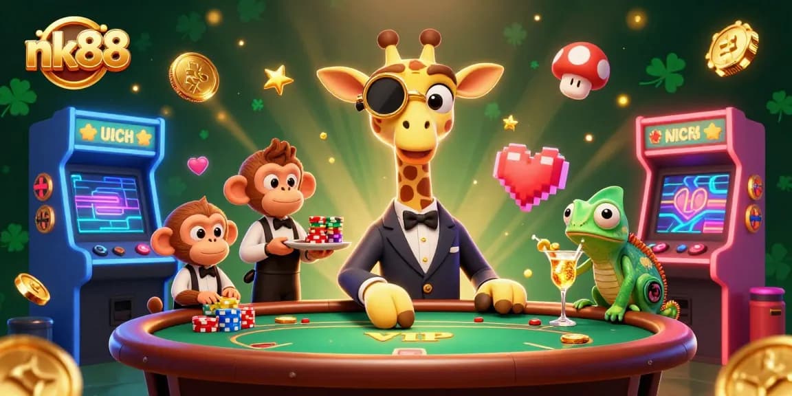 Experience massive wins with nk88 at a vibrant online casino scene featuring high-roller characters and interactive gaming elements.