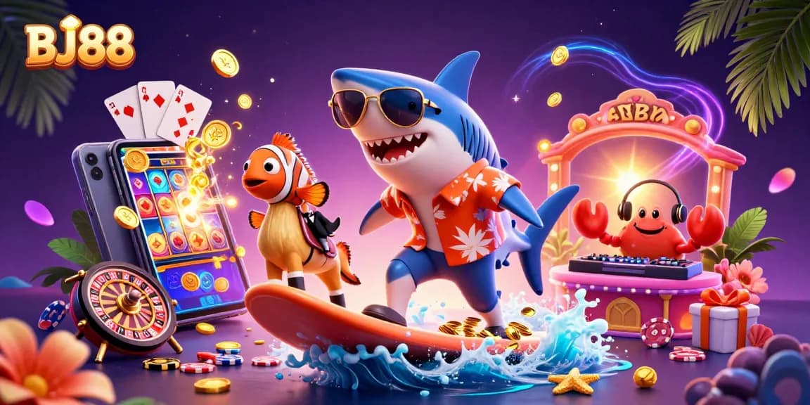 BJ88 showcases a thrilling casino experience with vibrant graphics of games, gold coins, and ocean friends.