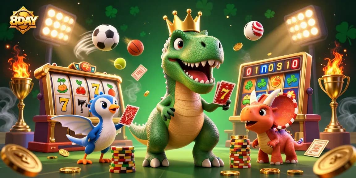 Experience the excitement of 8DAY with a vibrant 3D T-Rex and colorful gambling elements.