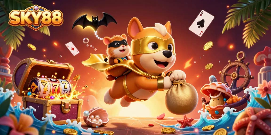 Engage with SKY88's thrilling gambling experience featuring a cartoon superhero dog and vibrant casino elements.
