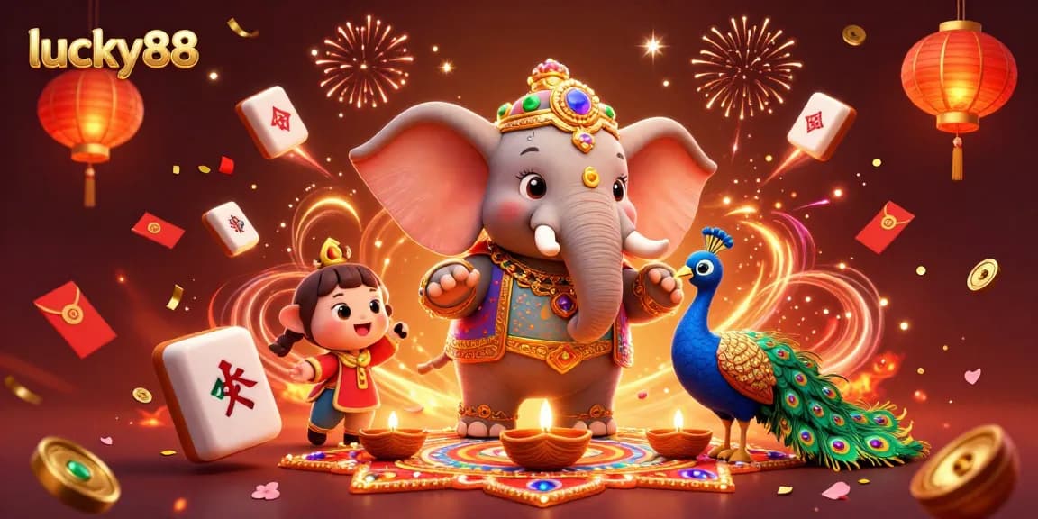 Experience the thrill of lucky88 with vibrant Diwali-themed casino art featuring an elephant and peacock.