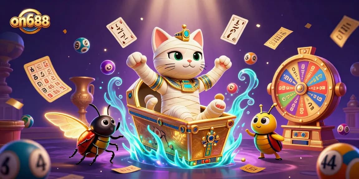 Experience the thrilling on688 casino with a vibrant Egyptian-themed illustration featuring 3D characters and game elements.