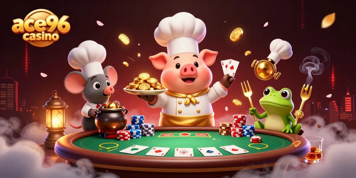 Experience the ace96 casino dynamic scene with a chef pig, tasting sous-chef mouse, and frog critic amidst rich gambling elements.