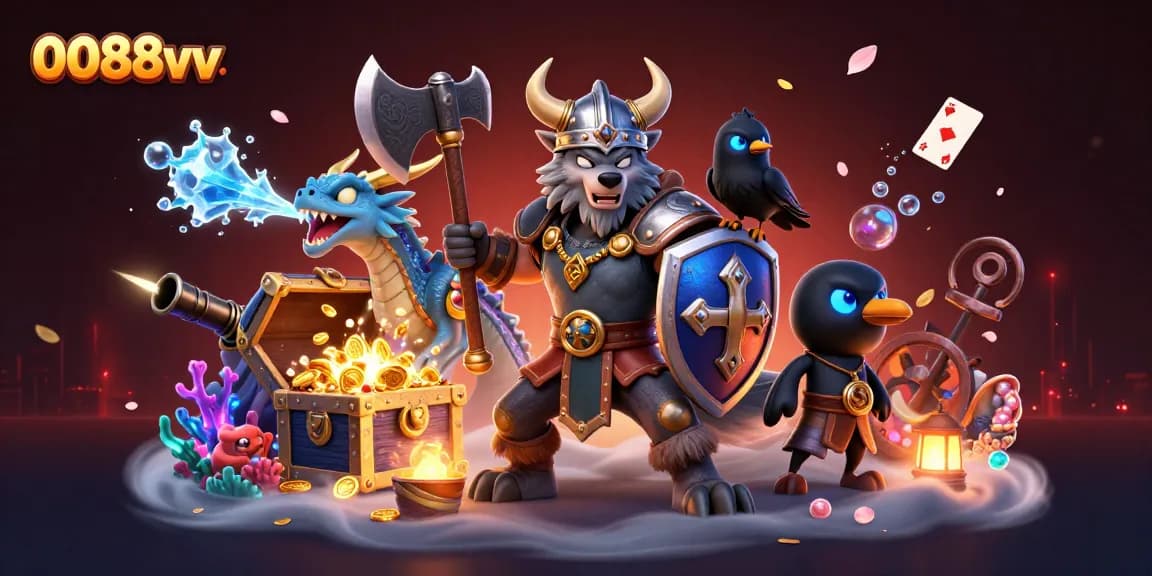 Engaging 0088vv scene featuring a Viking wolf warrior, dragon, and raven amidst arcade treasures.