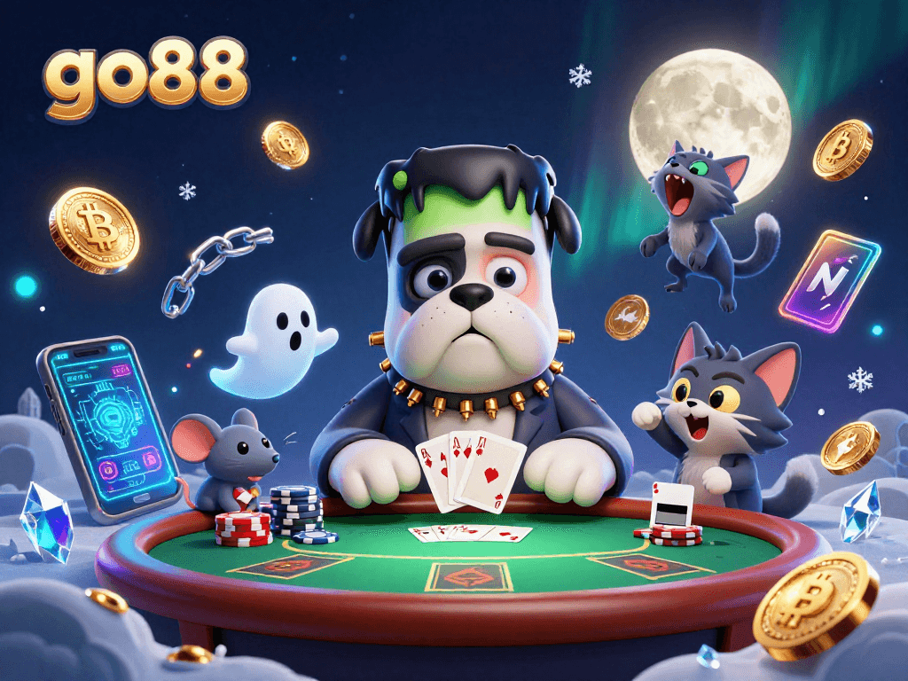 Engage with go88's thrilling poker scene featuring a cartoon bulldog dealer, ghostly chips, and neon crypto elements.