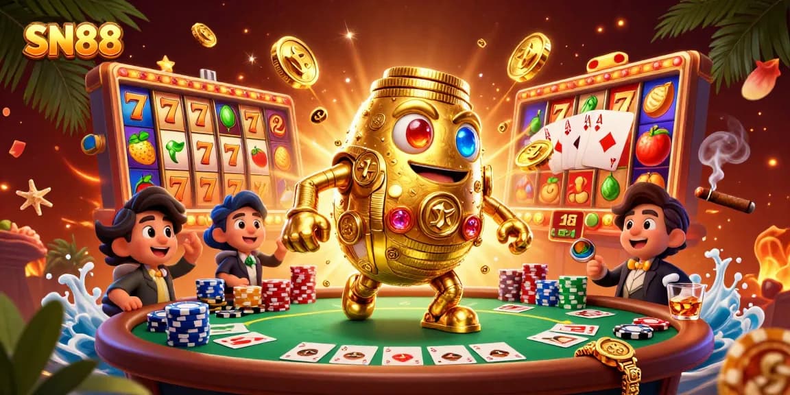 Experience the thrill of gambling at SN88 with a golden golem and vibrant slot elements.