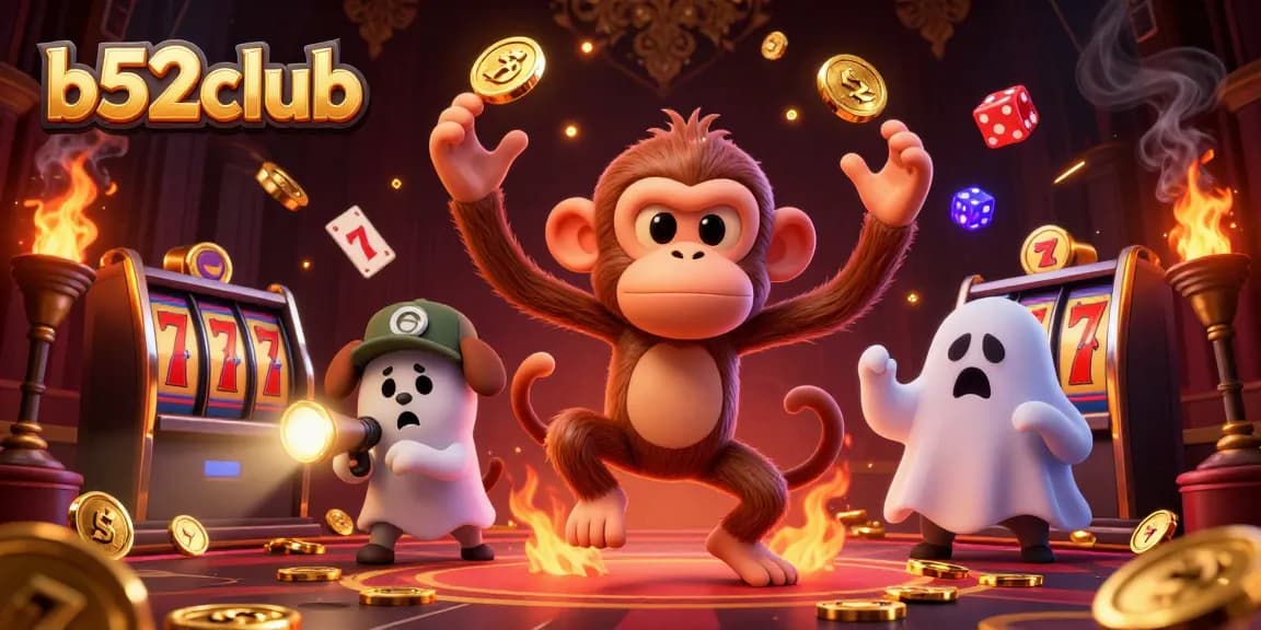 B58club slots come alive with mischievous poltergeist juggling golden coins and a curious puppy in a haunted casino.
