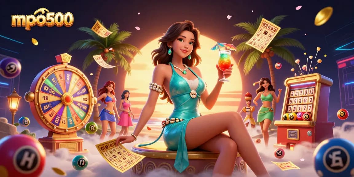 Engage in winning strategies at mpo500 with vibrant lottery elements and a glamorous casino setting.