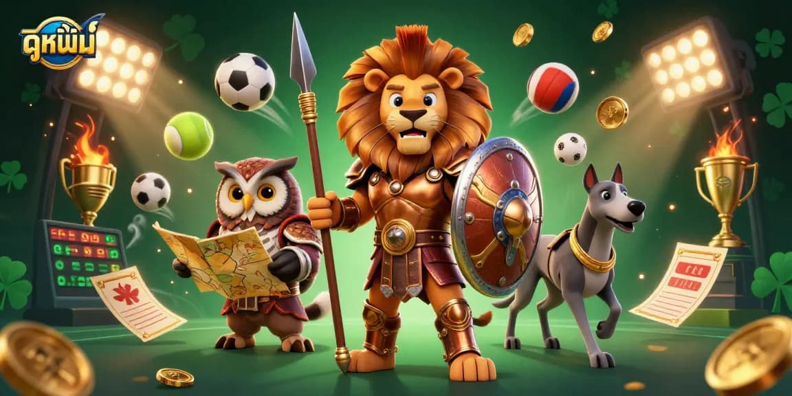 Engage with ดูหนังใหม่ in a vibrant casino scene featuring characters, sports elements, and dynamic action.