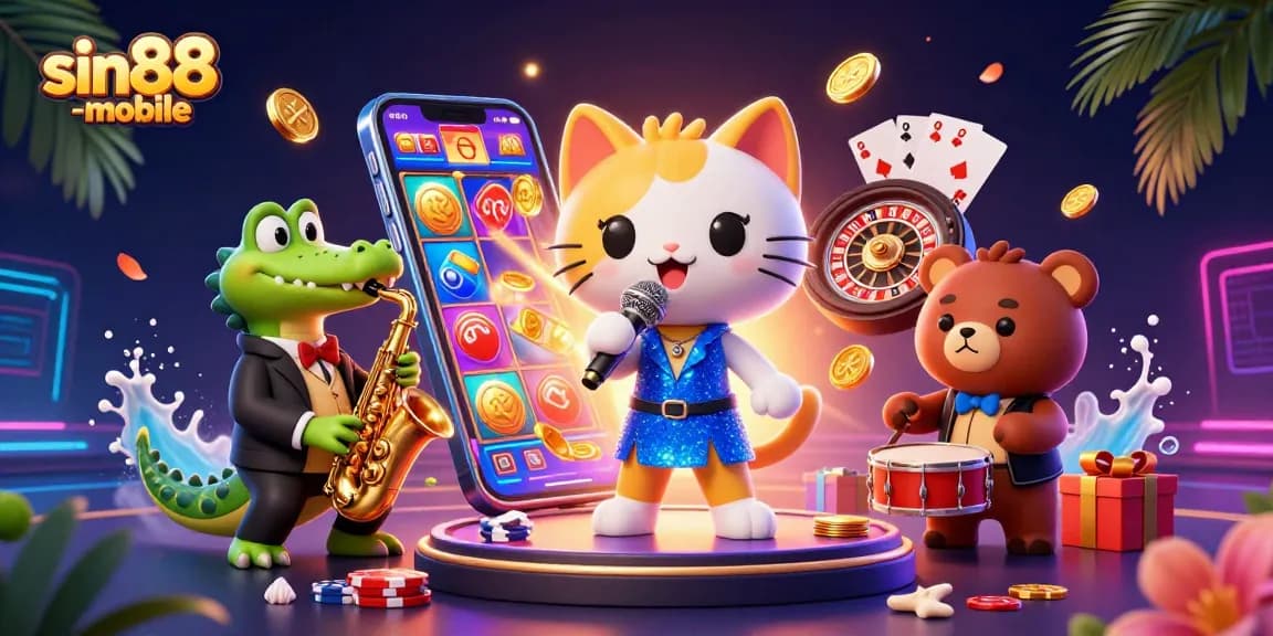 Engage with sin88-mobile's vibrant casino scene featuring a singing cat, saxophone crocodile, and drumming bear.
