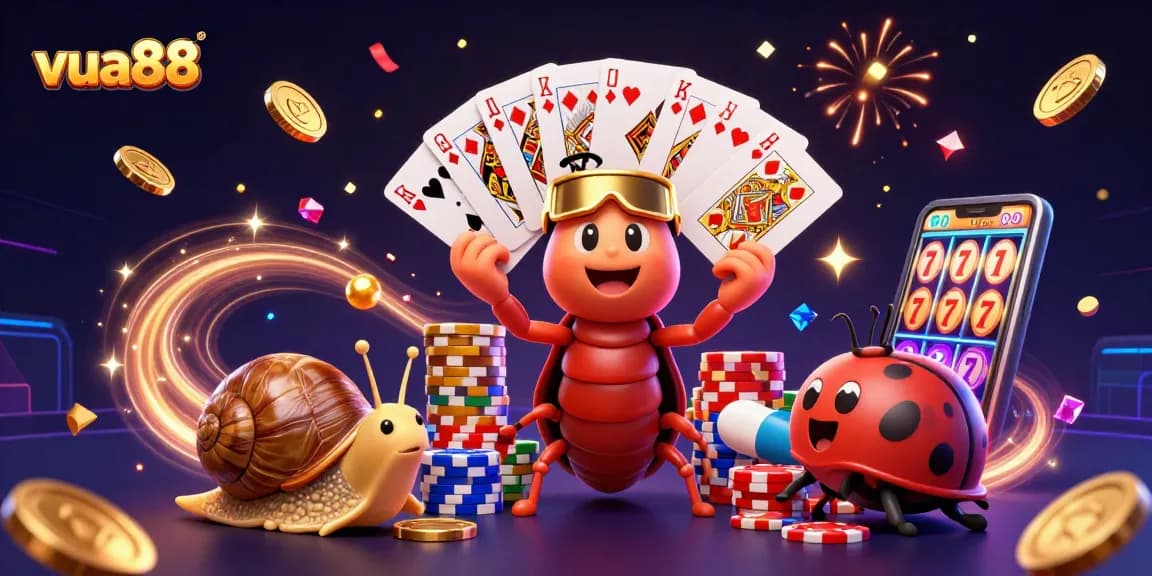 Join the vibrant action at vua88 with a 3D cartoon millipede dealer and game elements showcasing exciting gambling moments.