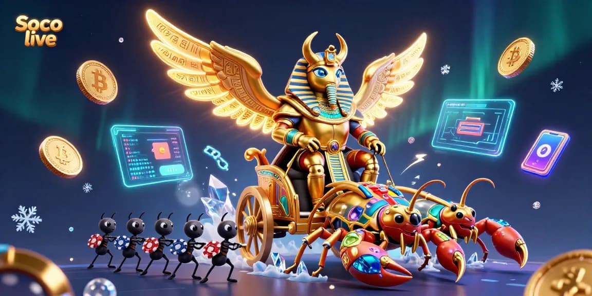 Engage with Soco live's dynamic gaming experience featuring golden scarab and crypto visuals.