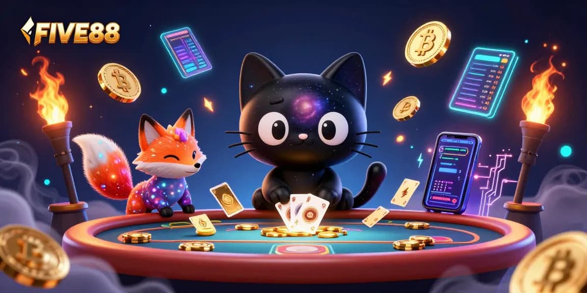 Experience exciting gameplay at FIVE88 with vibrant characters and crypto casino elements.
