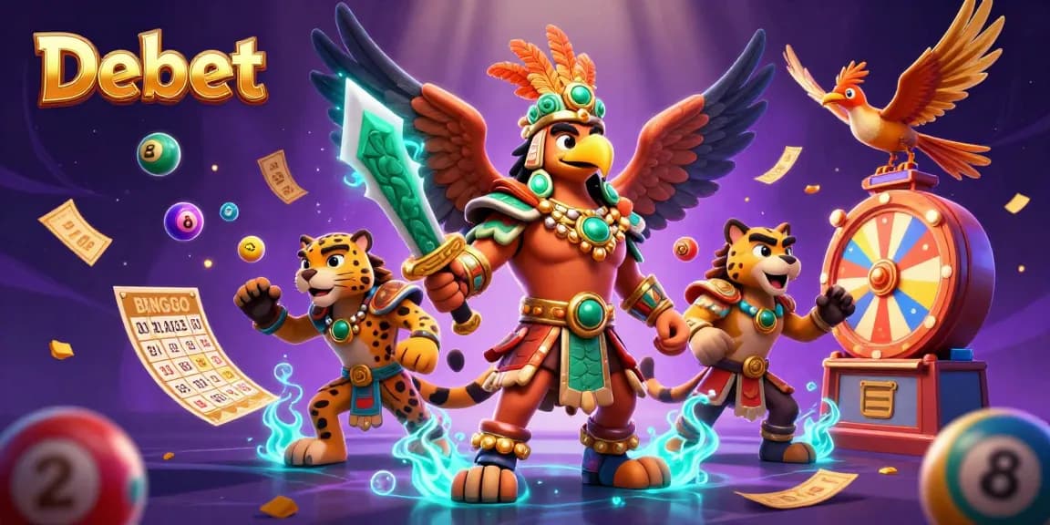 Engage with Debet's vibrant 3D casino illustration featuring dynamic lottery elements and Aztec characters.
