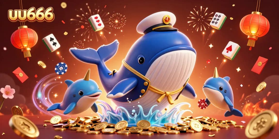 uu666 underwater casino adventure featuring a giant whale and fish companions celebrating with coins and poker
