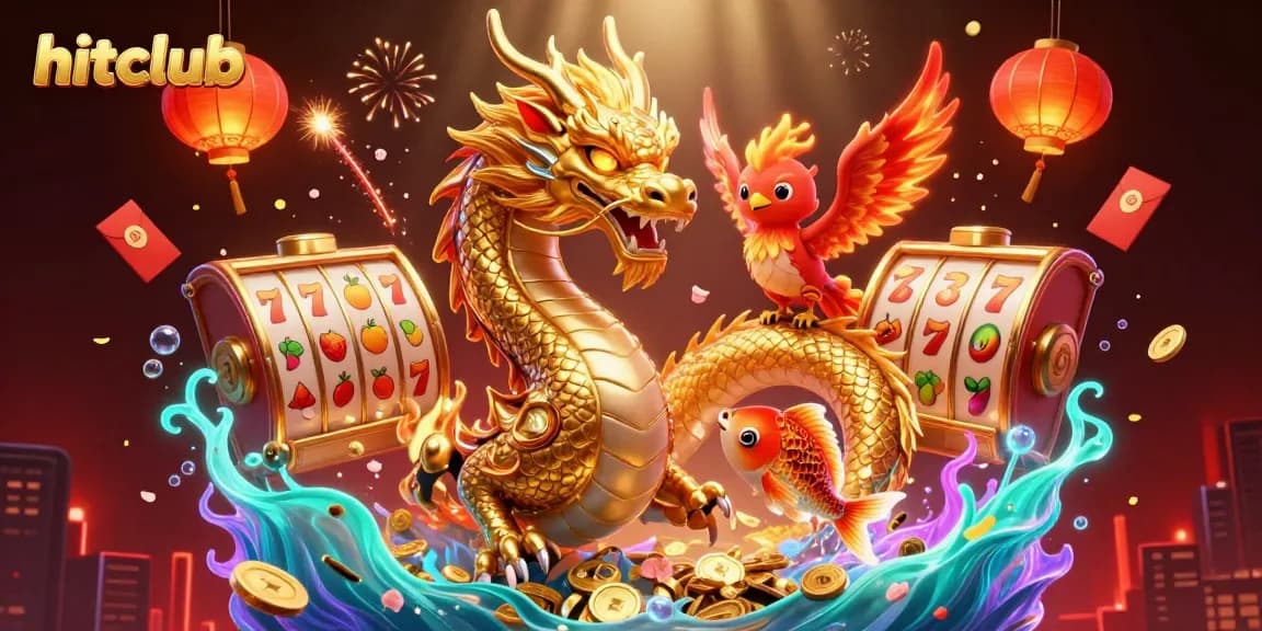 Hitclub showcases a golden dragon, phoenix, and koi fish amidst slot reels and festive elements, creating a vibrant scene.