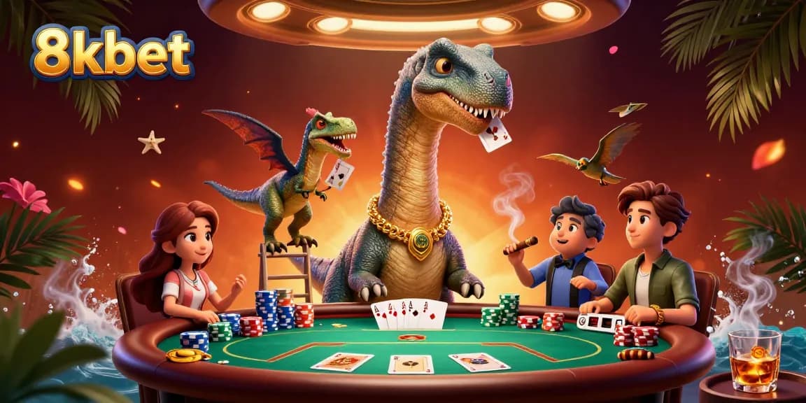 Engage in thrilling poker action at 8kbet with a fun dinosaur dealer and colorful chips.