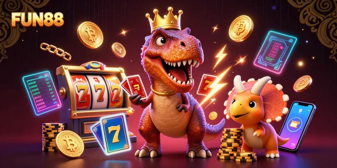 Engage in thrilling gaming at FUN88 with vibrant characters amidst neon casino elements.
