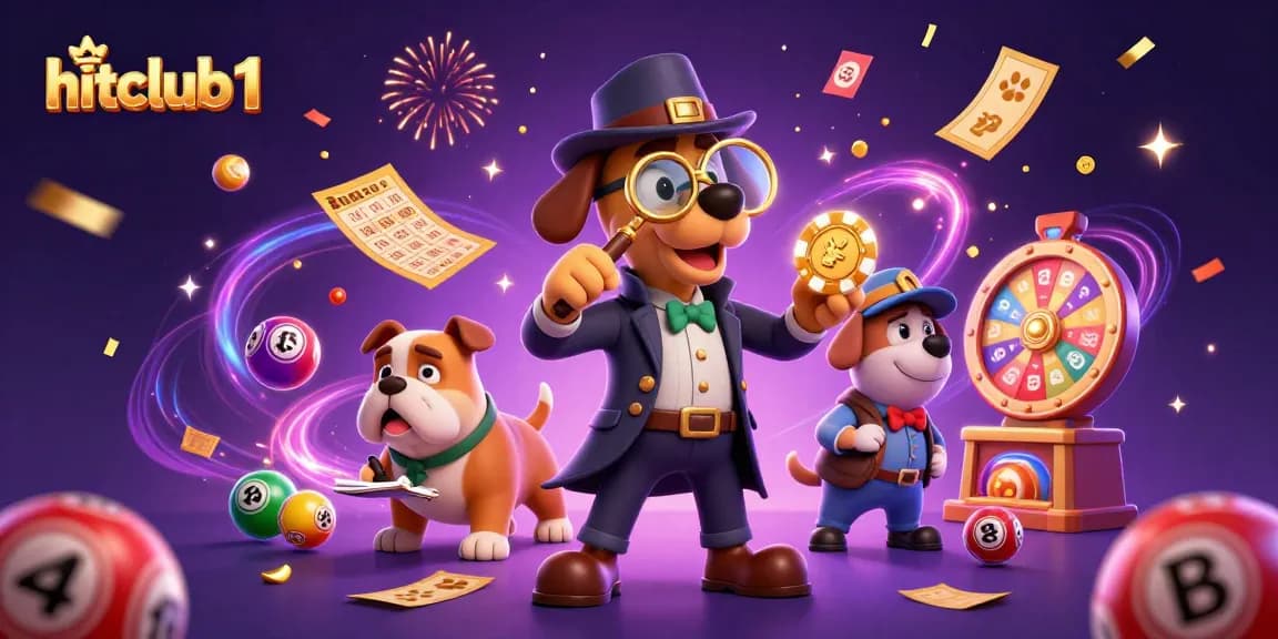 Hitclub1 brings excitement with a 3D detective and bulldog uncovering casino treasures in an animated scene.