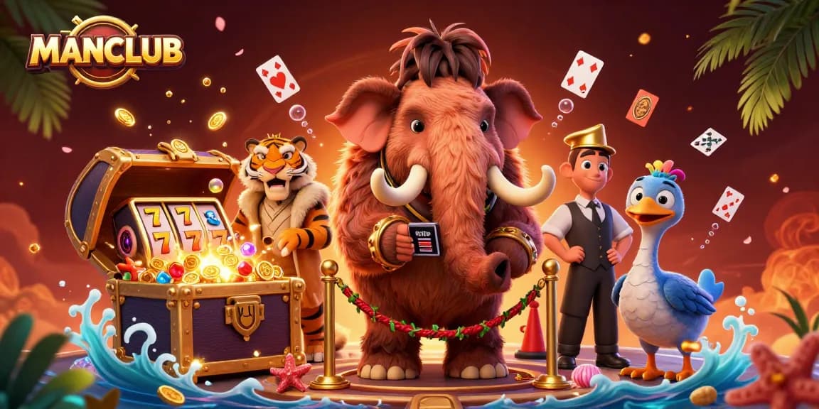 Experience thrilling gaming at MANCLUB with a vibrant casino scene featuring unique characters and exciting elements.