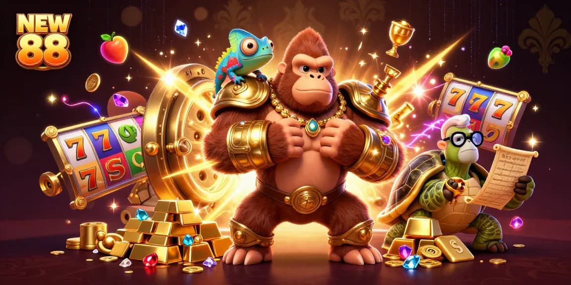 Experience the thrill of NEW 88 with vivid 3D illustration showcasing vibrant casino elements.
