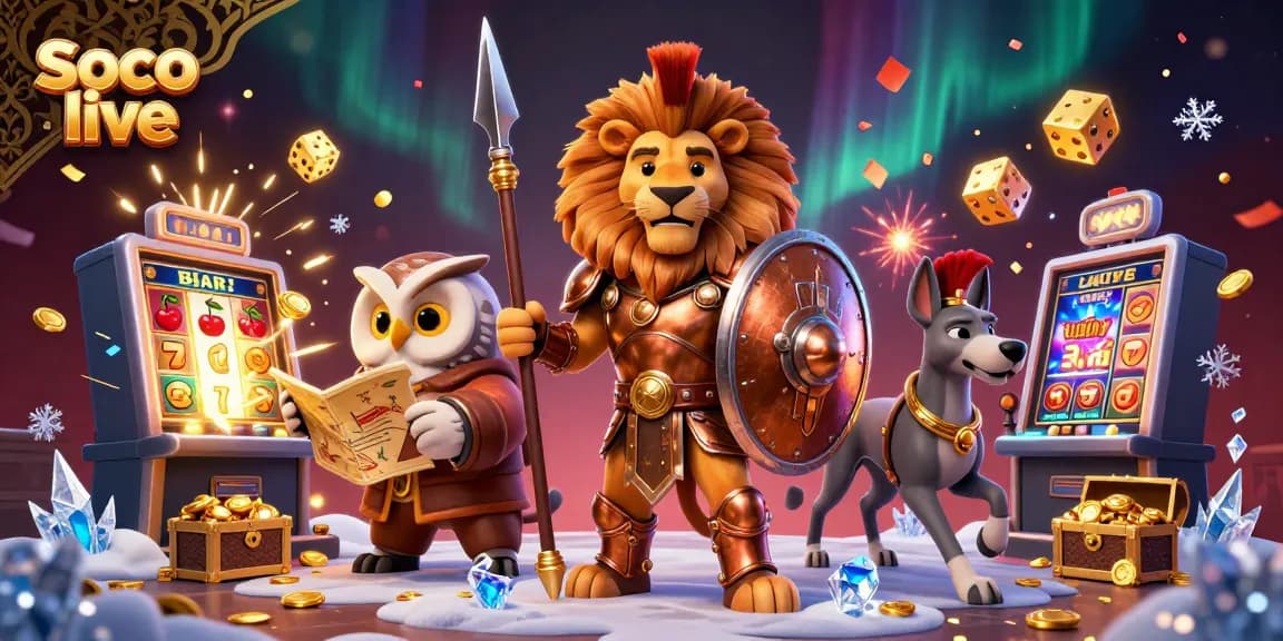 Experience the thrill of Soco live with a vibrant scene full of interactive casino elements and cheerful characters.
