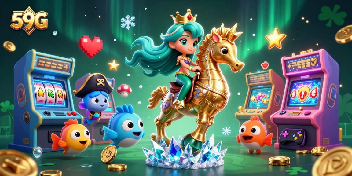 Join 59G for adventurous casino fun with a vibrant mermaid princess and seahorse in a magical underwater world.
