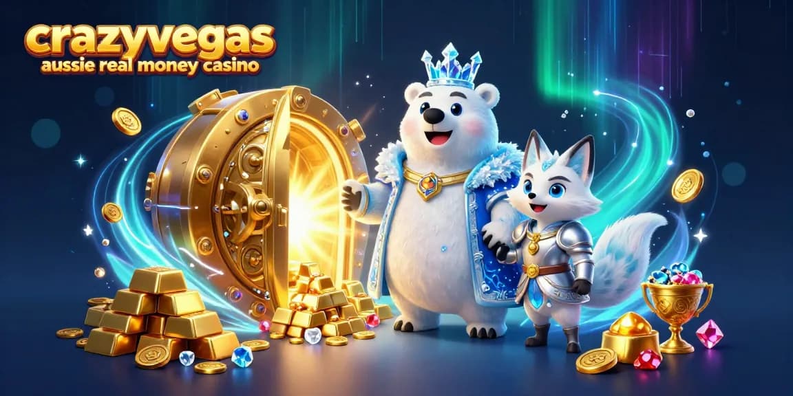 The 3D scene with a cartoon ice king polar bear and snow fox promotes crazyvegas aussie real money casino with treasure vaults.
