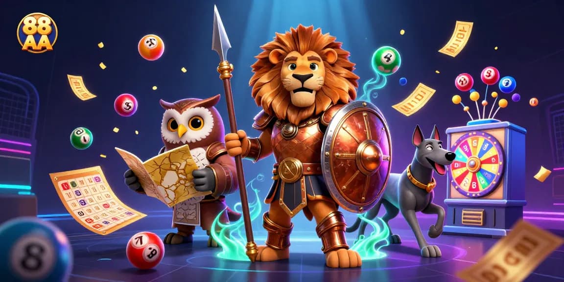 Experience thrilling gaming action with 88 AA, featuring vibrant lottery balls and a majestic Spartan lion.