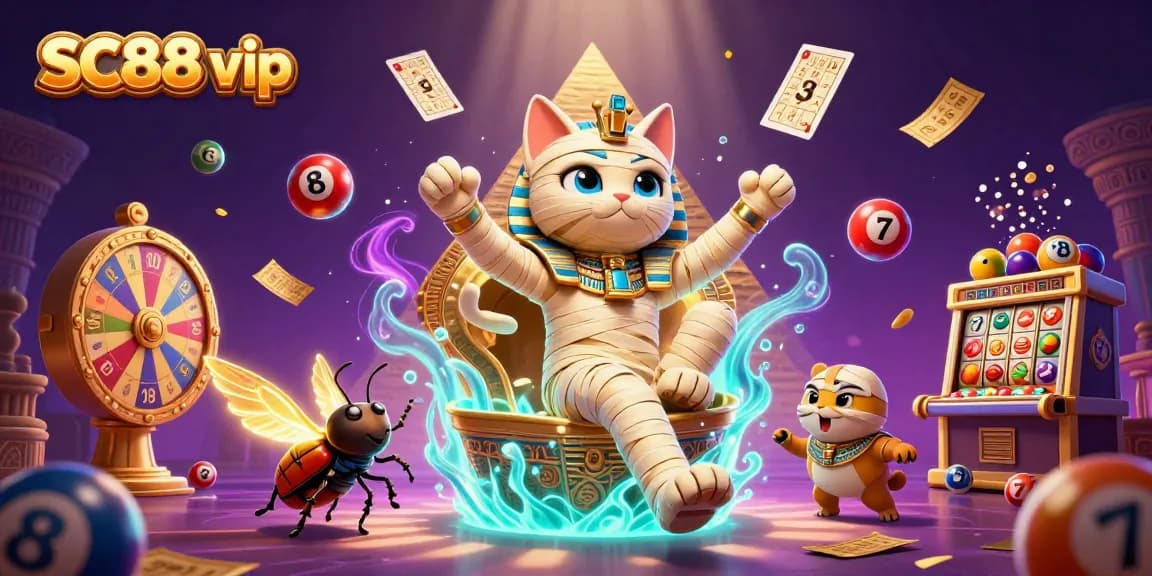Engage with SC88 vip featuring an Egyptian mummy cat and scarab in a vibrant casino scene.