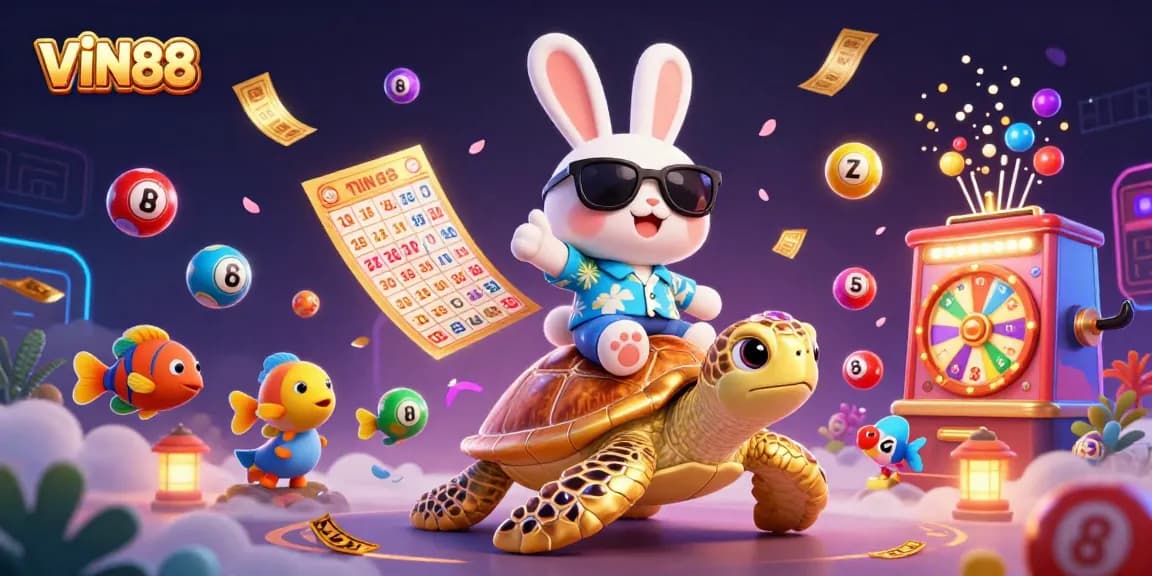 Experience the excitement of VIN88 with a vibrant 3D casino scene of luck and winning.