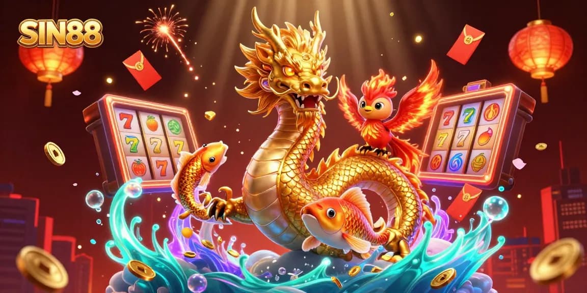 Experience winning excitement with SIN88 featuring a golden dragon and vibrant slot game elements.
