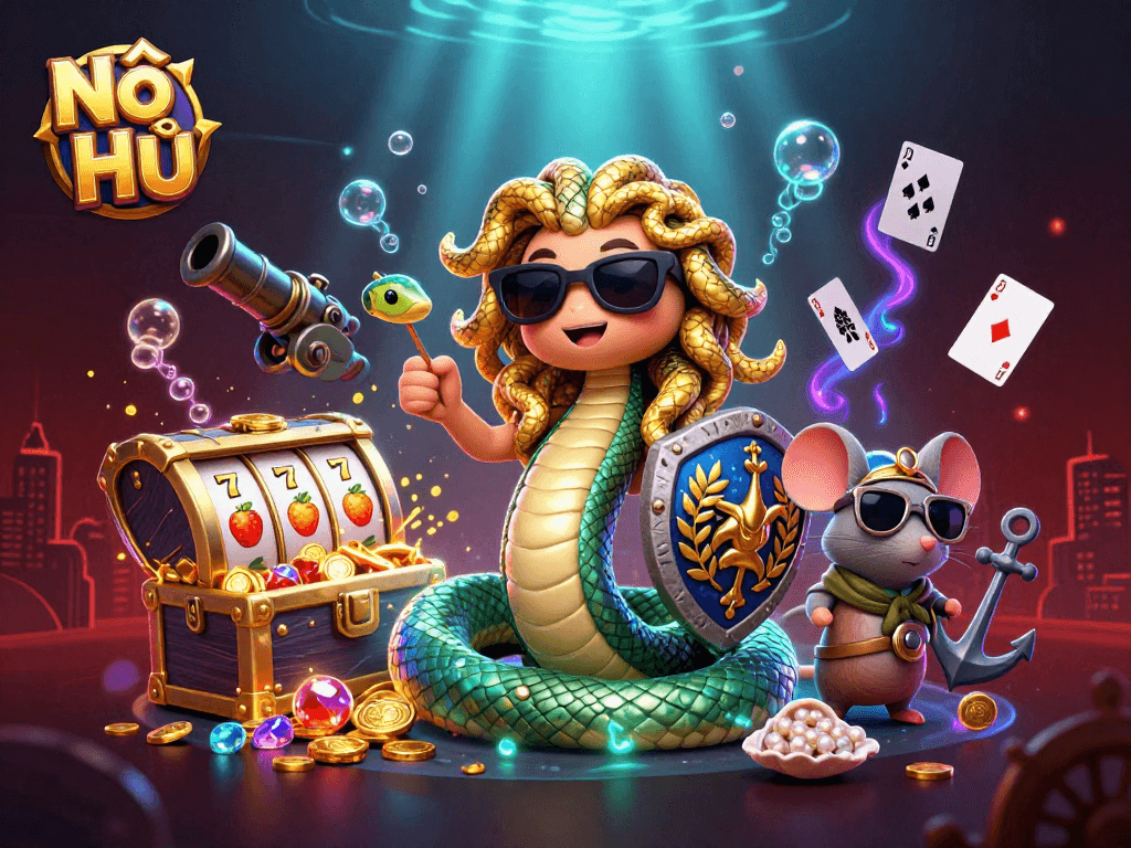 Nổ Hũ casino slots scene featuring Medusa, a warrior mouse, gold coins, and glowing underwater elements.