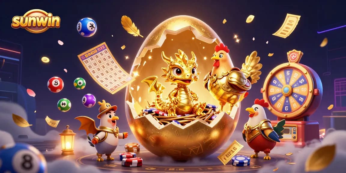 Play the exciting sunwin games featuring a baby dragon, colorful lottery balls, and golden elements.