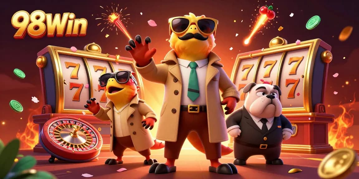 Experience the excitement of 98Win's vibrant casino atmosphere with unique characters and dynamic gaming elements.