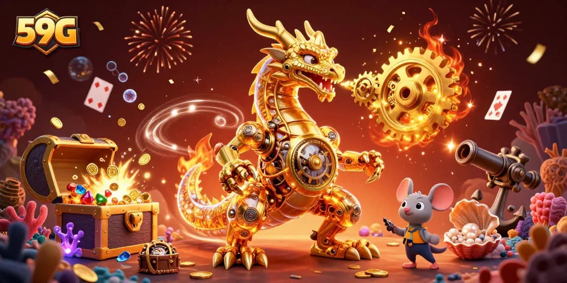 Experience the excitement of 59G with a golden dragon amidst casino elements and underwater treasures.
