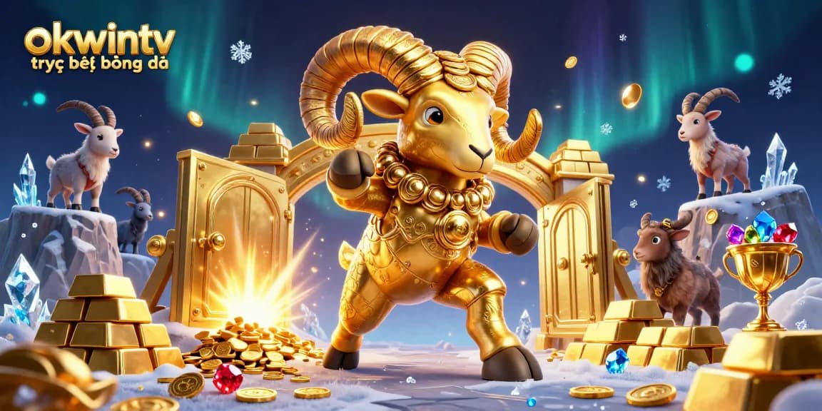 Experience the excitement of okwintv trực tiếp bóng đá with a dynamic 3D scene full of gold treasures and sports elements.
