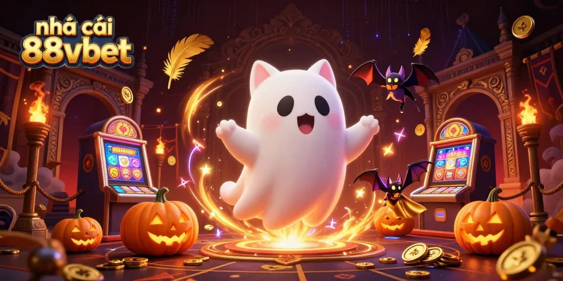 Experience the excitement at nhà cái 88vbet with a captivating 3D casino scene featuring a friendly ghost cat.