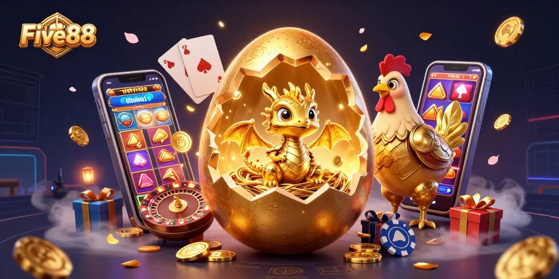 Play Five88 games with excitement as the golden dragon reveals treasures amidst poker chips and slots.