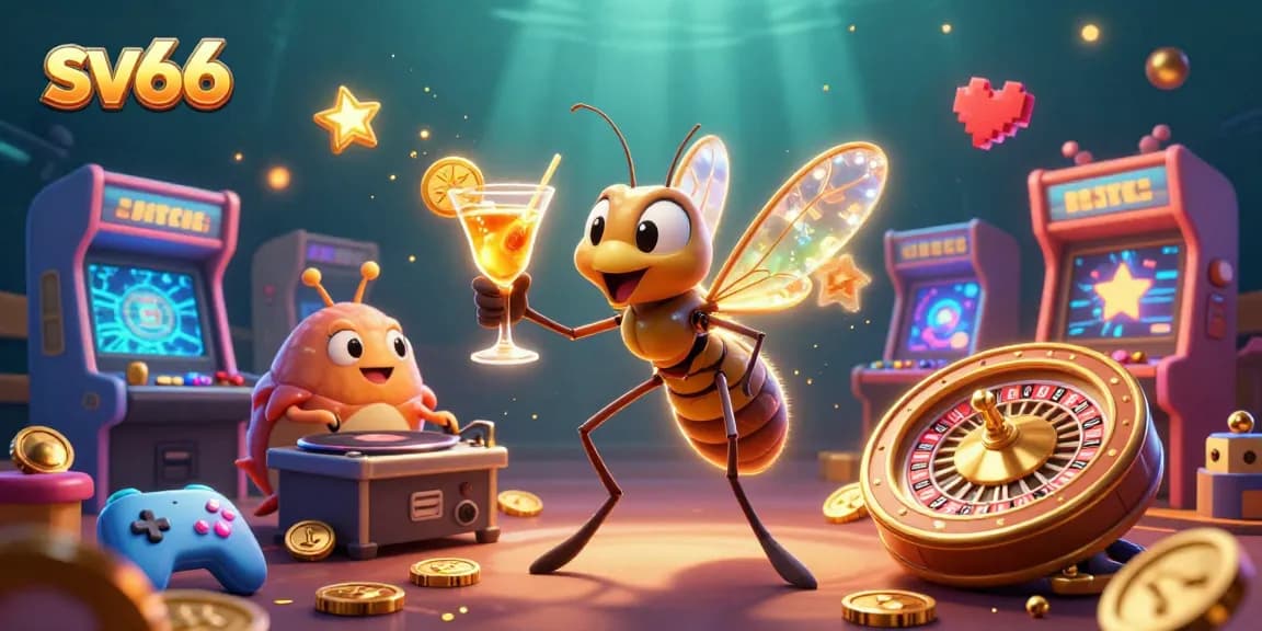 Engage with sv66 casino, featuring a lively 3D scene of a mosquito mascot, trilobite DJ, and roulette wheel.
