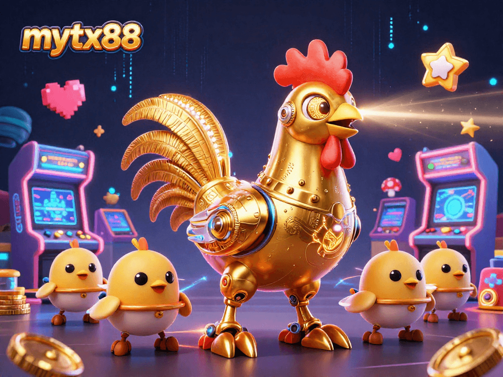 Experience thrilling gaming at mytx88 with the golden rooster robot and arcade elements enhancing the action.