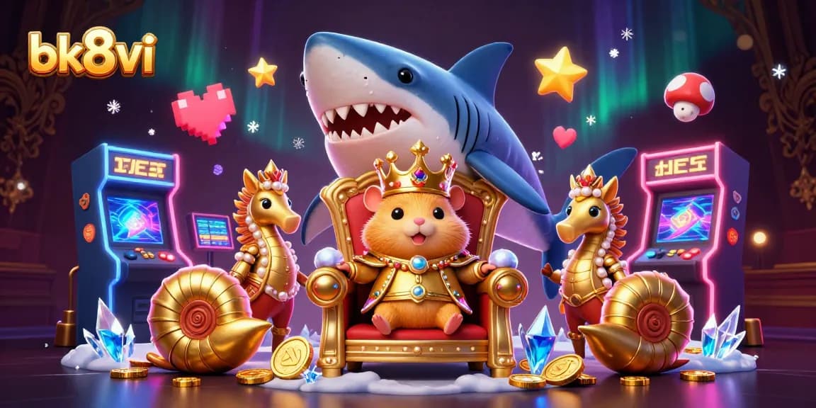 Play exciting games at bk8vi with the golden hamster king surrounded by vibrant arcade elements.