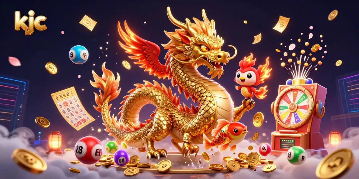 Experience thrilling games with KJC, featuring vibrant lottery balls, a Chinese dragon, and festive elements.