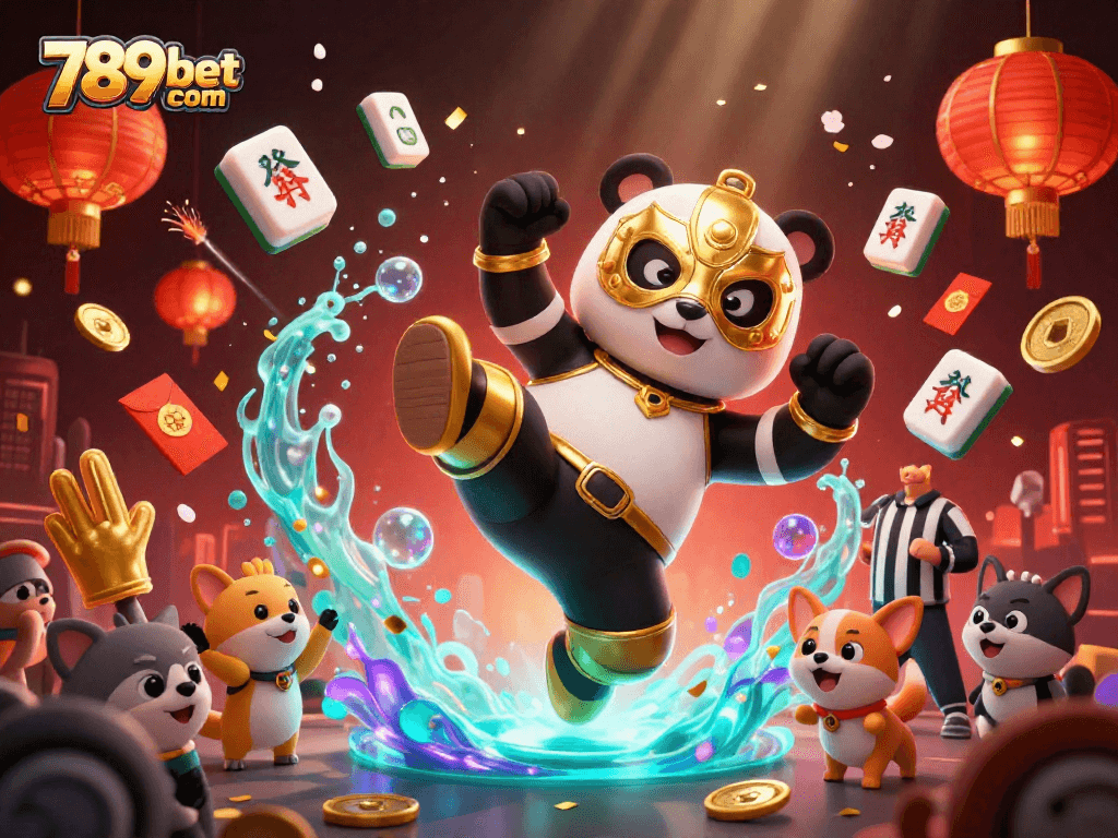 Engage with thrilling action at 789bet com featuring a panda wrestler amidst exciting casino elements.