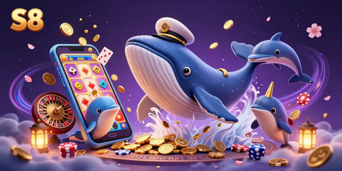S8 whales breaching in a sea of coins, revealing thrilling gaming elements like poker chips and vibrant slot machines.