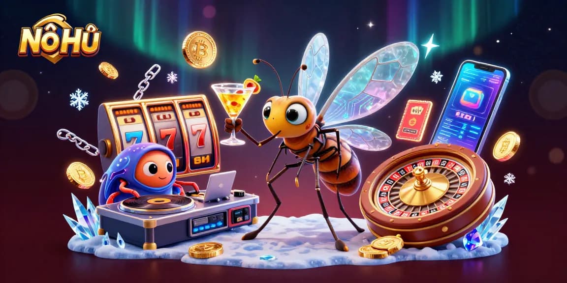 Nổ Hũ slot games come to life with a mosquito mascot and trilobite DJ in a vibrant casino illustration
