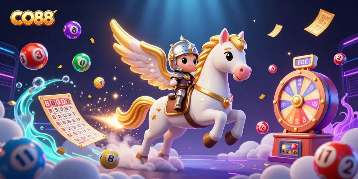 Experience winning delight with CO88 in a vibrant casino-themed illustration featuring lottery and gaming elements.