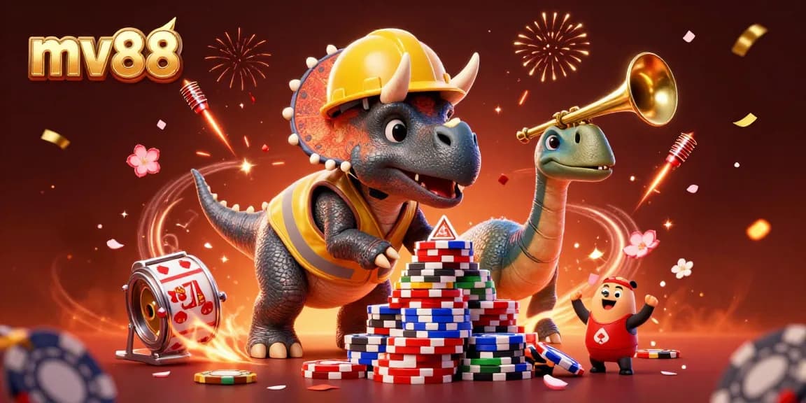 Celebrate big wins at mv88 with a vibrant 3D cartoon scene filled with casino excitement and joy.