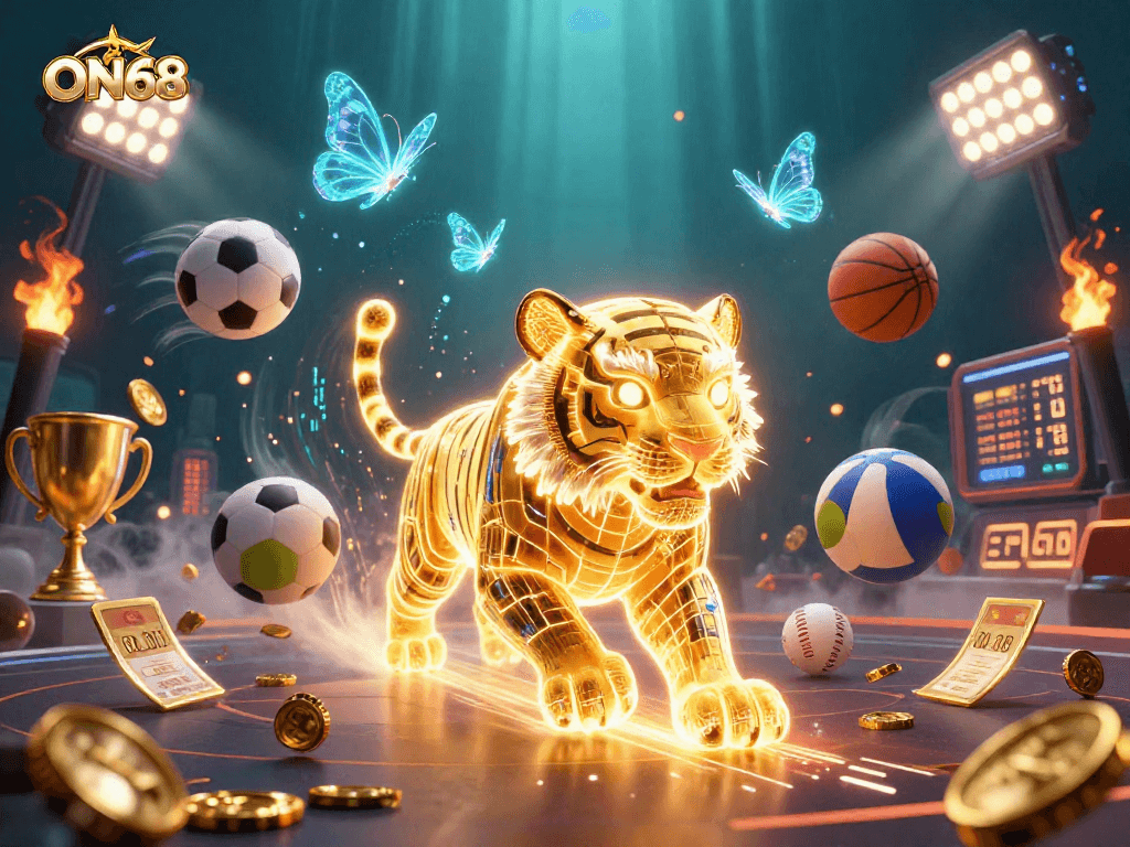 Experience thrilling gaming at ON68 with an illuminated golden tiger in a vibrant digital casino landscape.